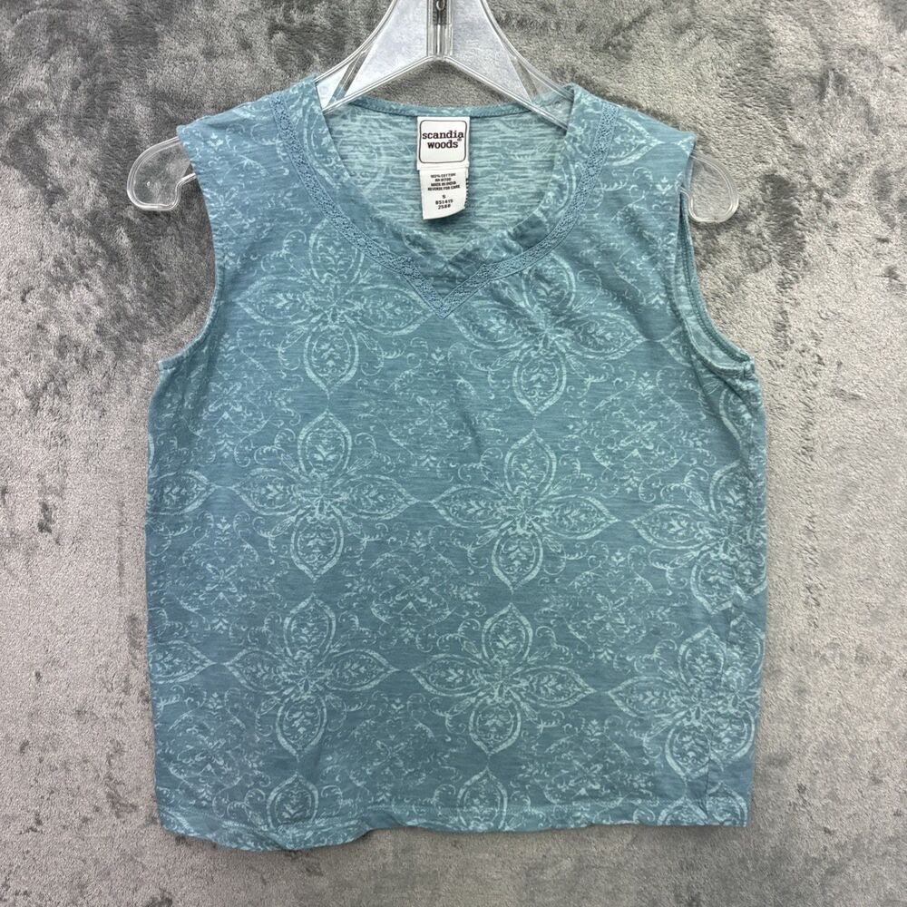 Scandia Woods Top small sleeveless top blue white geometric